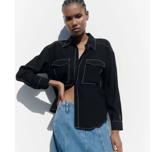 ZARA Black Contrast Topstitching Button Up Shirt Women's Small S - Picture 1 of 6